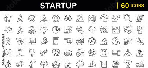 Start up set of web icons in line style. Business startup icons for web and mobile app. Startup project, development, creative idea, target, innovation, marketing, launch business, strategy and more