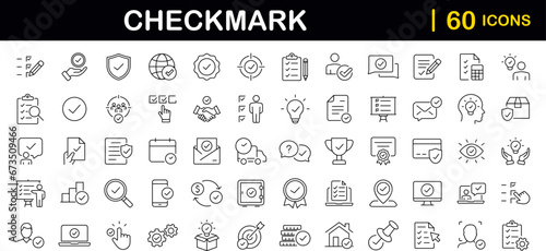 Check mark set of web icons in line style. Approve icons for web and mobile app. Approve, check marks, ticks, inspector, quality check, approved icons and more. Vector illustration