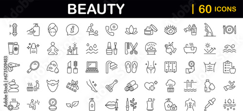 Beauty and Spa set of web icons in line style. Cosmetics services & Spa icons for web and mobile app. Spa treatments, skin care, massage, hyaluronic acid, serum, anti ageing, pore tighten, cosmetology
