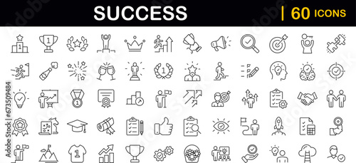 Success set of web icons in line style. Goals and Target icons for web and mobile app. Competition, awards, achievement, laurel branch, reward, winner, motivation, aim, plan and process