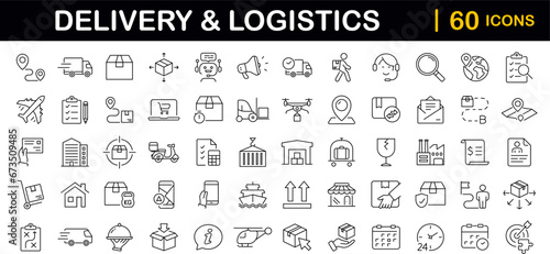 Delivery and Logistic set of web icons in line style. Shipping service icons for web and mobile app. Shipping, logistics, delivery, courier, tracking, refunds and more. Vector illustration