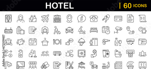 Hotel set of web icons in line style. Hotel and vacation icons for web and mobile app. Hotel services, recreational rest, relax, travel. Vector illustration