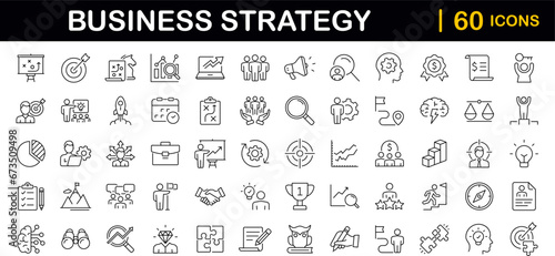 Business strategy set of web icons in line style. Business solutions icons for web and mobile app. Action List, research, solution, team, marketing, startup, advertising, business process, management