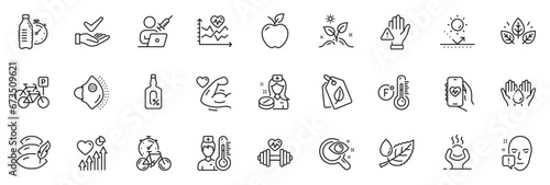Icons pack as Face attention, Thermometer and Bike timer line icons for app include Dont touch, Medical mask, Vision test outline thin icon web set. Leaf dew, Grow plant. Vector