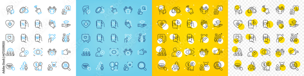Vector icons set of Friends chat, Teamwork and Hold t-shirt line icons pack for web with Clapping hands, Business statistics, Wedding rings outline icon. Click hand, Search employees. Vector
