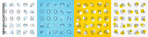 Vector icons set of Friends chat  Teamwork and Hold t-shirt line icons pack for web with Clapping hands  Business statistics  Wedding rings outline icon. Click hand  Search employees. Vector