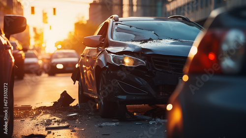 Crashed accident car in city street road