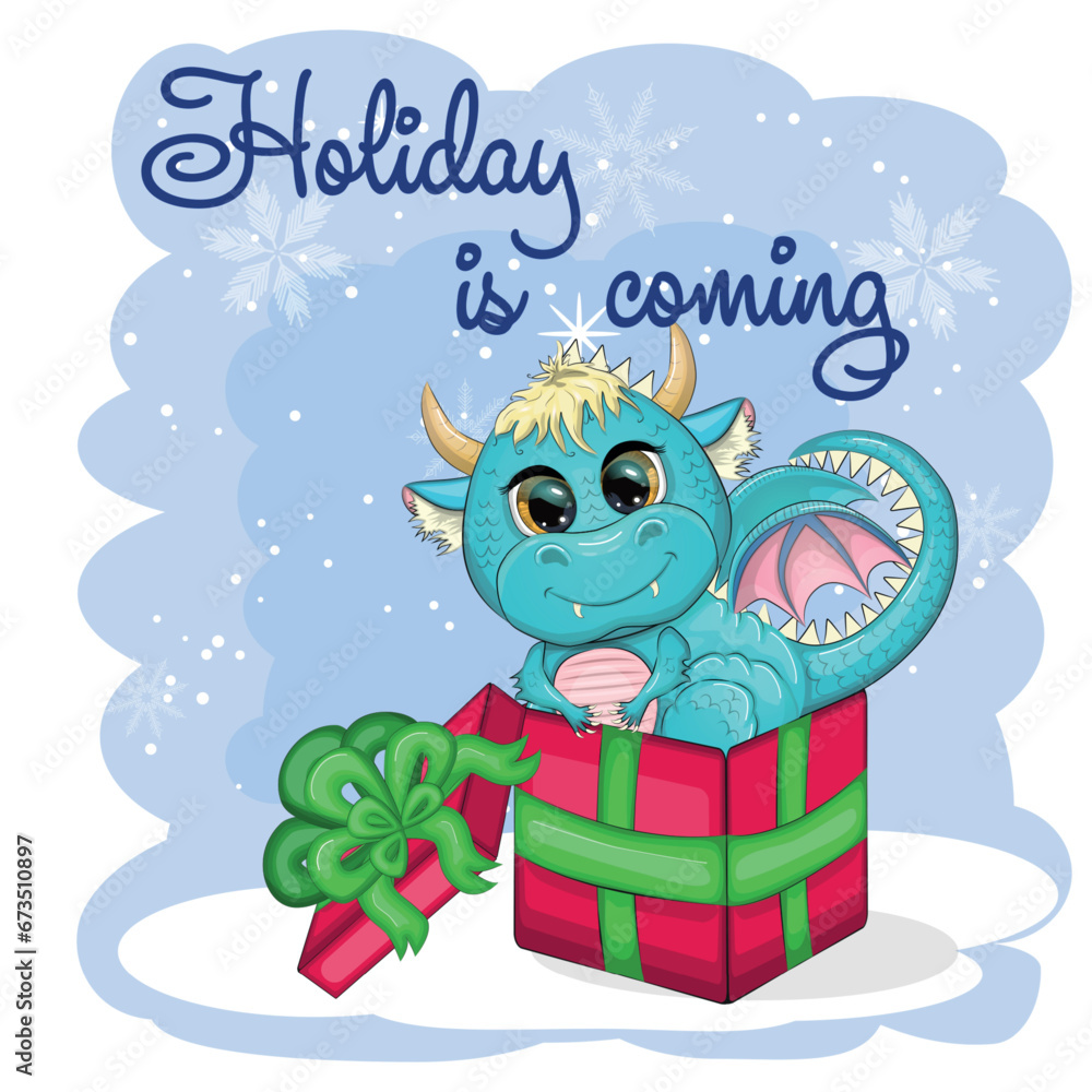 Fototapeta premium Cute cartoon green dragon in santa hat. 2024 new year, chinese calendar