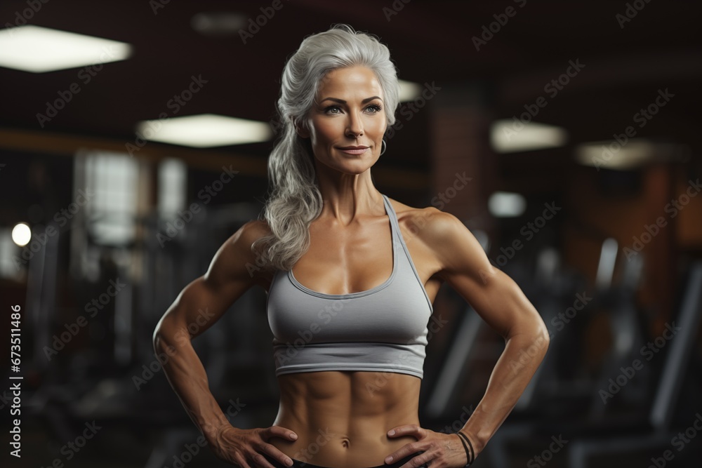 An elderly lady bodybuilder in the gym. woman leads a healthy lifestyle