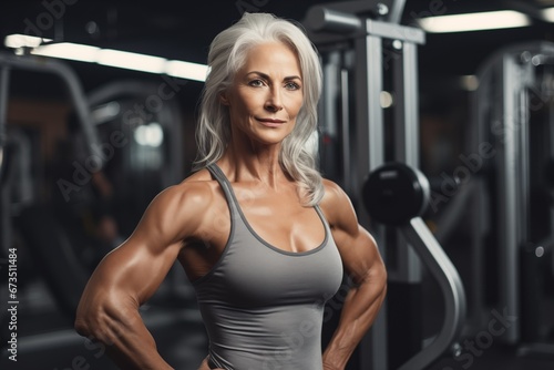 An elderly lady bodybuilder in the gym. An old woman leads a healthy lifestyle