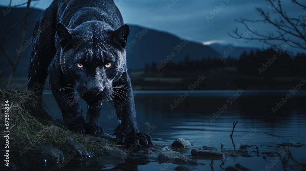 Black panthers dark colored individuals of the genus Panthera, family of cats, black predatory wild animal, powerful fast animal, aggressive . - obrazy, fototapety, plakaty 