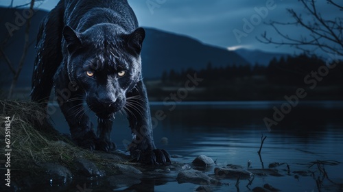 Black panthers dark colored individuals of the genus Panthera, family of cats, black predatory wild animal, powerful fast animal, aggressive . photo