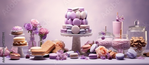 A table arrangement furnished with a variety of sweet treats such as cookies eclairs macaroons fruits cream and layered cakes in lovely pastel violet shades