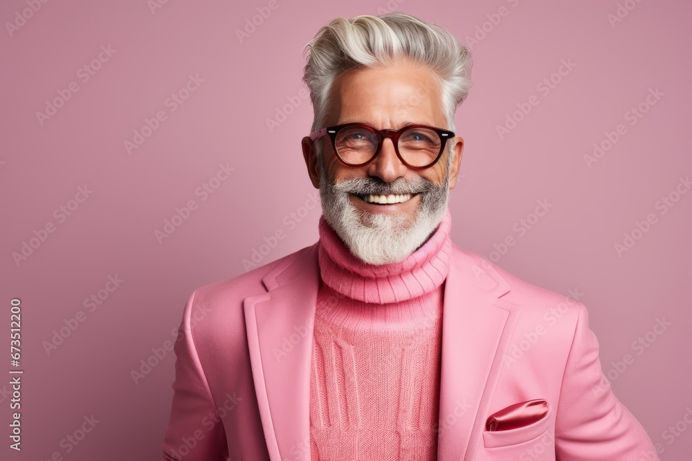 Cheerful senior man in pink jacket and eyeglasses.