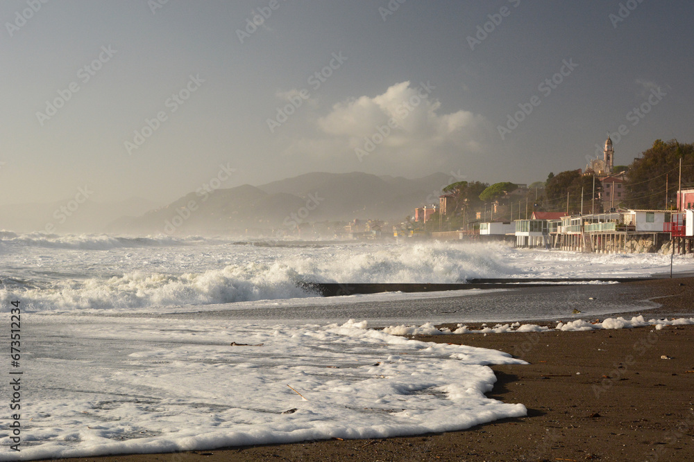 Sea storm in Cavi di Lavagna. Tigullio. Genoa province. Liguria. Italy