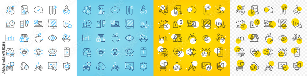 Vector icons set of Charging station, Inflation and Smartphone payment line icons pack for web with Share, Food delivery, Growth chart outline icon. English, Delivery online, Report pictogram. Vector