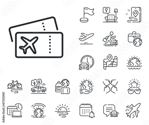 Airplane tickets sign. Plane jet, travel map and baggage claim outline icons. Boarding pass line icon. Check in flight symbol. Boarding pass line sign. Car rental, taxi transport icon. Vector