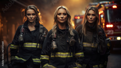 Group of young beautiful women firefighters in special uniforms against background of smoke. Female portrait. Blonde, brunette, red-haired woman. White adult people. Team work. Red car. Generative AI photo