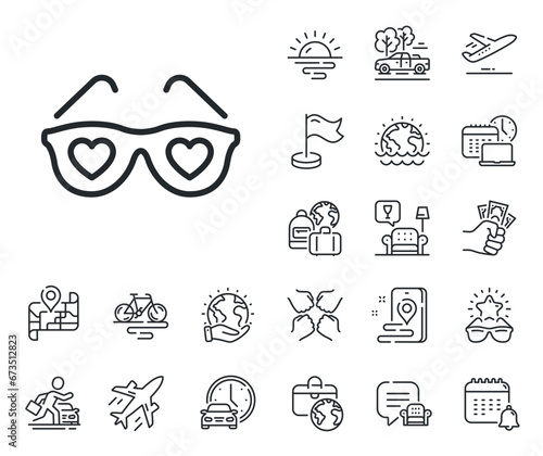 Valentines day spectacles sign. Plane jet, travel map and baggage claim outline icons. Glasses with hearts line icon. Love accessory symbol. Love glasses line sign. Vector