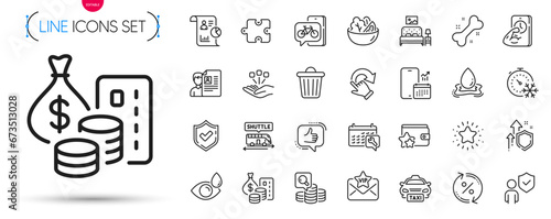 Pack of Bike app, Spanner and Loan percent line icons. Include Phone calendar, Water splash, Consolidation pictogram icons. Job interview, Eye drops, Trash bin signs. Rotation gesture. Vector