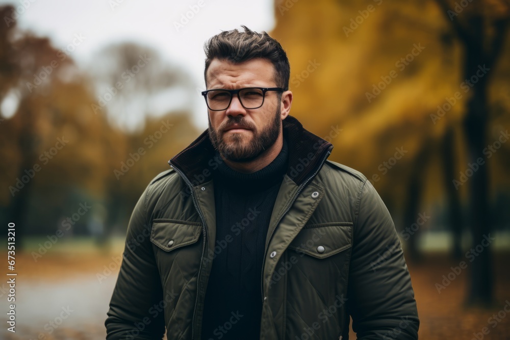 Handsome bearded man in a stylish jacket and glasses is standing in the autumn park. Handsome bearded man in a stylish jacket and glasses is standing in the autumn park.