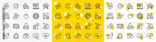 Outline Backpack, Christmas holly and Heart line icons pack for web with Journey, Puzzle image, Gas grill line icon. Vr, Buyer think, Pillows pictogram icon. Airplane travel, Grill. Vector