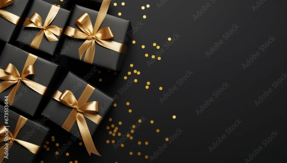 Top view black gift boxes with golden ribbon bow tag and golden confetti on isolated black background with blank space for text Top view black gift boxes with golden ribbon bow tag and golden confetti on isolated black background with blank space for text