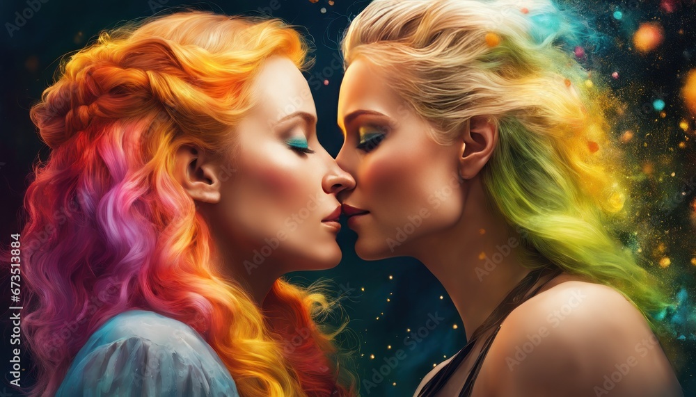 Fototapeta premium Two pretty sexy stylish cool generation z girls lgbtq lesbian couple with colorful hairs dating in love enjoying intimate tender sensual moment together. color drops, intricate and intense oil paint