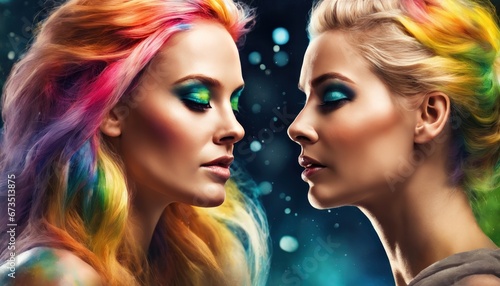 Portrait of two attractive young women looking each other in the eyes. The concept of female friendship, love and beloved. Women Club. Colorful hairs, burst of colors on background, paint drops splash