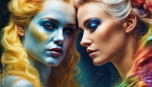 Portrait of two attractive young women looking each other in the eyes. The concept of female friendship, love and beloved. Women Club. Colorful hairs, burst of colors on background, paint drops splash
