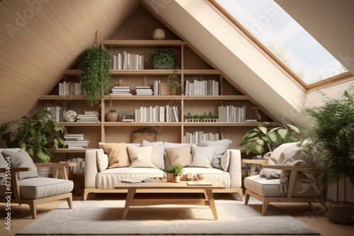Cabincore Elegance  Attic Living Room with Wall Plants and Sofa