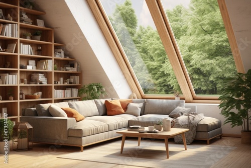 Cabincore Elegance: Attic Living Room with Wall Plants and Sofa © lucas