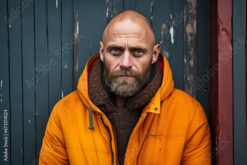 Portrait of a bearded man in a yellow jacket on a wooden background
