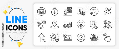 Pin, No music and Online rating line icons set for app include Puzzle options, Cursor, Info outline thin icon. Vaccination appointment, Increasing percent, Bid offer pictogram icon. Vector