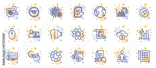 Outline set of Service, Face id and Cloud protection line icons for web app. Include Coronavirus, World planet, Coronavirus statistics pictogram icons. Swipe up, Bitcoin system. Vector
