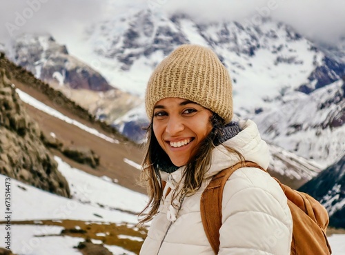 Latin woman hiking mountains, winter travel, vacation. Hike concept