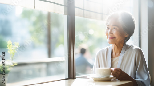 Elderly Asian woman at a coffee shop, looking out window 