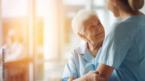 Caregiver nurse accompanying elderly woman, retirement © piknine