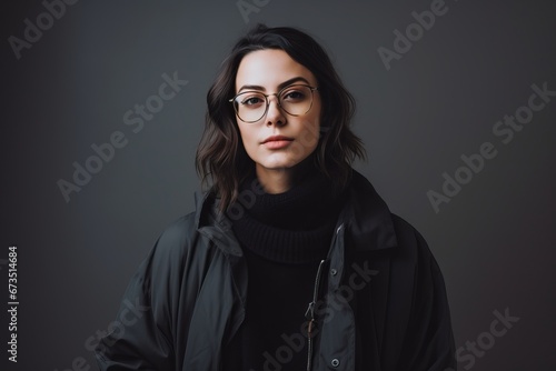 Portrait of a beautiful young brunette woman in black coat and glasses