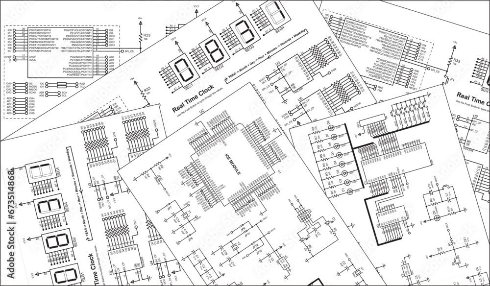 Vector electrical schematic diagram background.
Radio engineering drawings on white paper sheets.
Scheme of an digital electronic device. Vector electrical schematic diagram background.
Radio engineering drawings on white paper sheets.
Scheme of an digital electronic device.