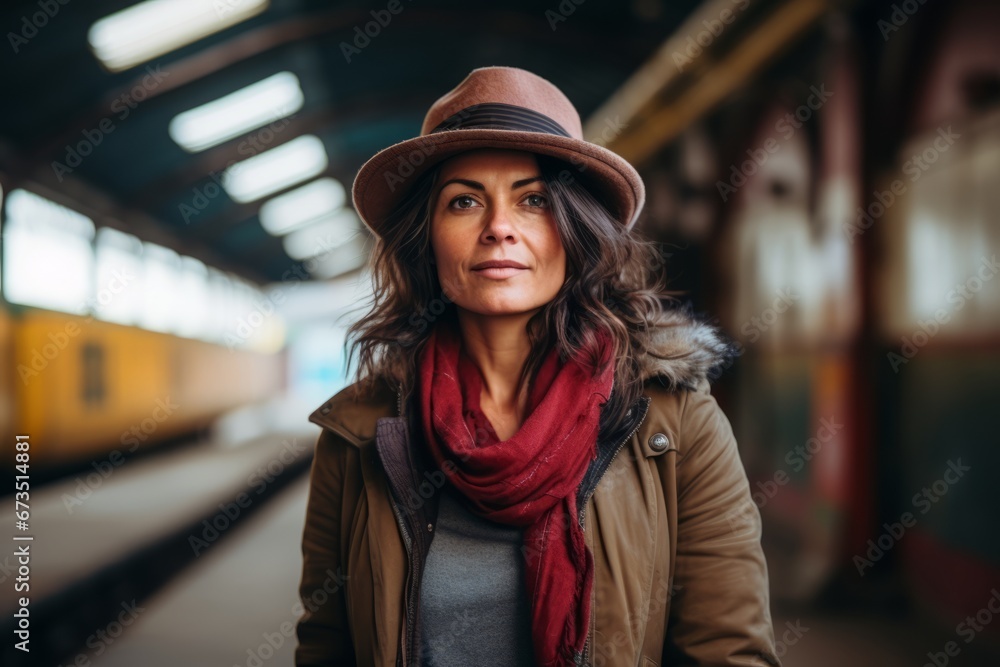 Portrait of a woman waiting for a train at the railway station Portrait of a woman waiting for a train at the railway station