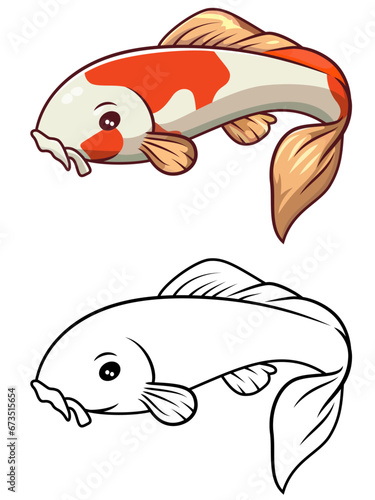 Koi Fish cartoon vector illustration, Amur Carp Cyprinidae lucky fish colored and black and white stock vector image photo