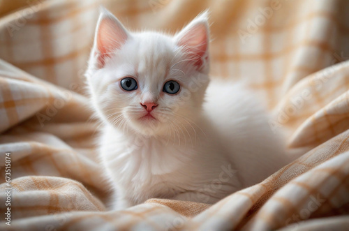Fantastic little cute white kitten on a background of a woolen blanket
