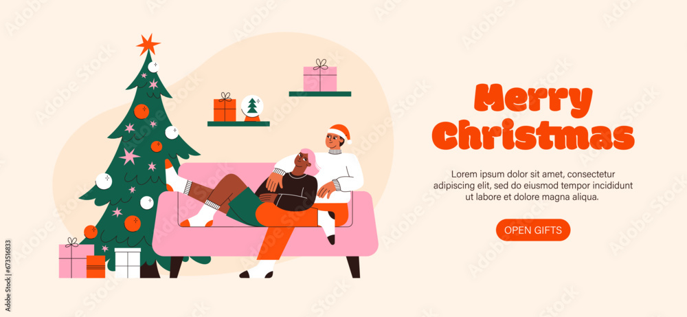 Christmas people vector flat illustration. Couple celebrating Christmas at home.  A guy and a girl are sitting on the sofa near the Christmas tree