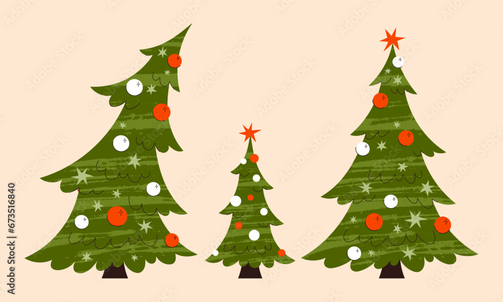 Christmas tree vector flat illustration set. Modern textured Christmas tree clipart