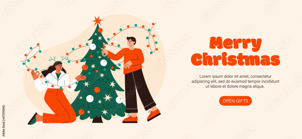 Fototapeta premium Christmas people vector flat illustration. Couple decorating Christmas tree. A guy and a girl celebrating New Year
