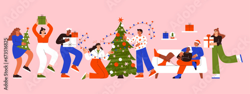 Christmas people vector flat illustration set. Friends celebrate Christmas. Winter holidays. New Year party