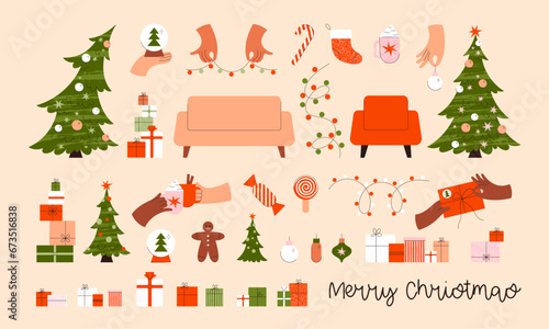 Christmas vector flat illustration set. Modern Christmas items clipart