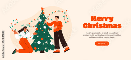 Christmas people vector flat illustration. Couple decorating Christmas tree. A guy and a girl celebrating New Year