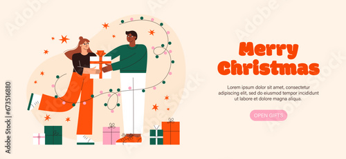 Christmas people vector flat illustration. Girl gives a Christmas gift to boyfriend. Couple of people celebrate winter holidays